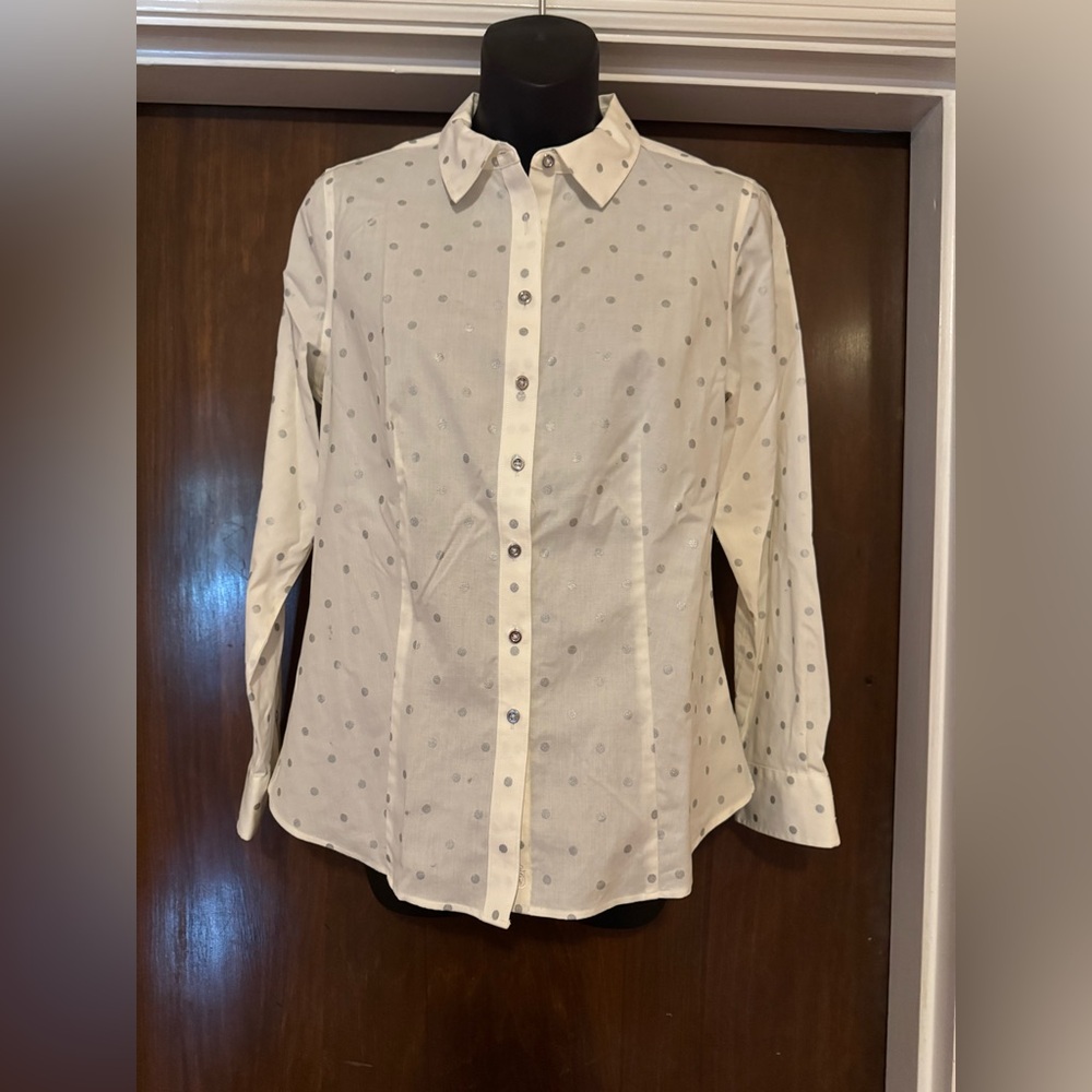 Talbots White Button Down Shirt with Silver Polka Dots - Size 6P